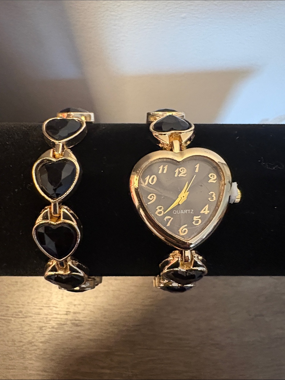 Gold Heart Bracelet Quartz Watch with Black Accents
